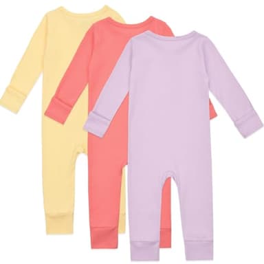 Aablexema Baby Cotton Fooltess Pajamas with Mitten, 3-pack Infant Romper Zip Up One Piece Jumpsuits Outfit(Purple&Yellow&Rose Pink,12-18m) - Image 2