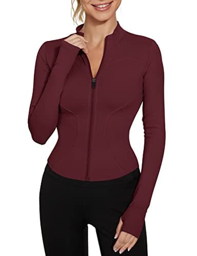 LUYAA Women's Athletic Full Zip Long Sleeve Workout Jacket Sports Running Tops for Yoga Gym Wine Red M - Image 1