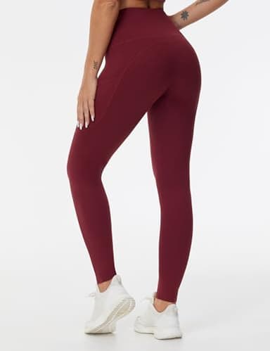 THE GYM PEOPLE Thick High Waist Yoga Pants with Pockets, Tummy Control Workout Running Yoga Leggings for Women Wine Red - Image 2