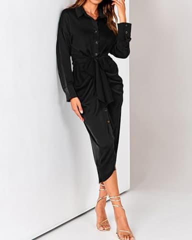 BTFBM Maxi Dresses for Women Fall 2025 Long Sleeve Lapel Neck Button Down Elegant Satin Belted Ruched Summer Shirt Dress(Black, X-Large) - Image 5