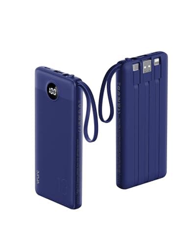 VRURC Portable Charger Power Bank, 10000mAh Travel Essentials, 5 Outputs 2 Inputs Slim Battery Pack Built-in Cables Cords Compatible with iPhone,Samsung,Android-Navy Blue(1 Pack) - Image 1