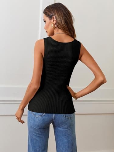 MEROKEETY Women's Ribbed Knit Tank Tops 2025 Square Neck Sleeveless Summer Basic Shirts Sweater Vest Black S - Image 3