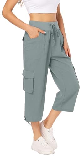 MISS MOLY Women's Cargo Capris Hiking Running Pants Loose Button Decor Lightweight Quick Dry Button Pockets 2XL Grey-Green - Image 1