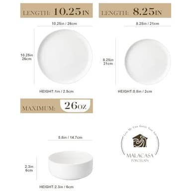 MALACASA Plates and Bowls Sets, 12 Pieces Porcelain Dinnerware Sets Dishware Sets Chip Resistant Ceramic Dish Set Dining Dinner Ware Service for 4, White, Series LUNA - Image 2