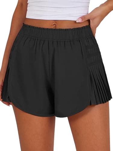 Caracilia Women Running Shorts Flowy Pleated Athletic Shorts Summer High Waisted Tennis Sporty Workout Gym Shorts Solid Black Medium - Image 1