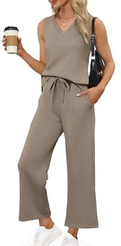 XIEERDUO Two Piece Sets for Women Summer Lounge Matching Sets Travel Vacation Cruise Outfits V Neck Tops Wide Leg Pants Sets 2025 Brown S - Image 1