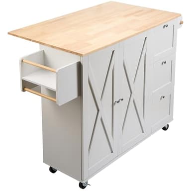 VEVOR Kitchen Island Cart, 45.3x39 inch Rolling Kitchen Table, Mobile Carts with Storage Cabinet and Solid Wood Top, Portable Islands with Wheels, Spice Rack, Towel Rack, Drop Leaf and Drawer, White - Image 9