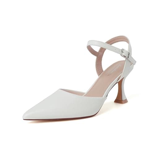 Lucibenita Wedding Shoes for Women White Low Heels Closed Toe Kitten Heel Pointed Toe Heels Sexy Classic Comfortable Heeled Pumps Dressy Adjustable Ankle Strap 9 - Image 1