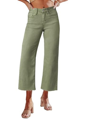 Allimy Women's High Waisted Straight Ankle Wide Leg Ripped Jeans Frayed Hem Stretchy Capri Denim Pants Olive Size 4 - Image 1