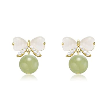 LOOYUUPEE Natural Hetian Jade Bow Earrings, Dainty Green Real Jade Charm Pendant Jewelry Studs, Handmade Ear Stud Earrings Hoop Earrings for Women (925 Sterling Silver with Gold Plated) - Image 1