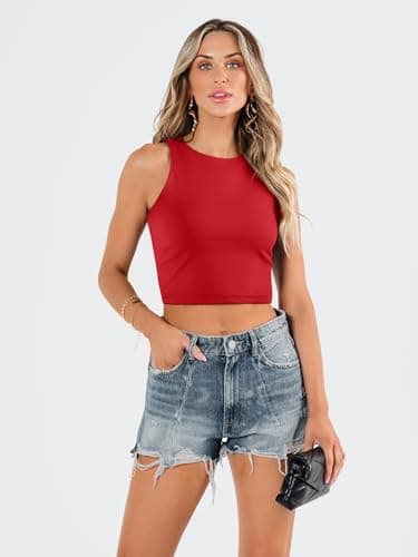 EFAN Womens Sexy Sleeveless High Neck Crop Tops Workout Cute Racerback Cropped Tank Tops Summer Clothes Teen Girls Red L - Image 3