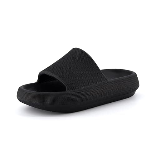 CUSHIONAIRE Feather Slides – Comfortable Cloud Cushion House Slippers for Women, Indoor Outdoor EVA Foam Foot Spa Shower Shoes, Non-Slip Arch Support, BLACK 7 - Image 1