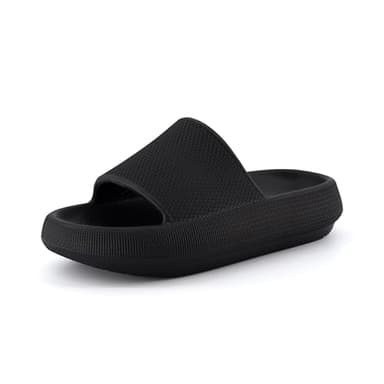 CUSHIONAIRE Feather Slides – Comfortable Cloud Cushion House Slippers for Women, Indoor Outdoor EVA Foam Foot Spa Shower Shoes, Non-Slip Arch Support, BLACK 7 - Image 1