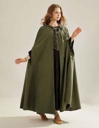 Scarlet Darkness Women Renaissance Hooded Cape Medieval Cloak Hobbit Halloween Costume Olive Green - Image 8