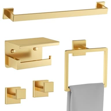 Brushed Gold Towel Bar Set 5 Pieces Bathroom Hardware Accessories Set,Upgraded Toilet Paper Holder with Shelf,Stainless Steel Towel Holder Set for Bathroom,Wall-Mounted 23.6 in - Image 1