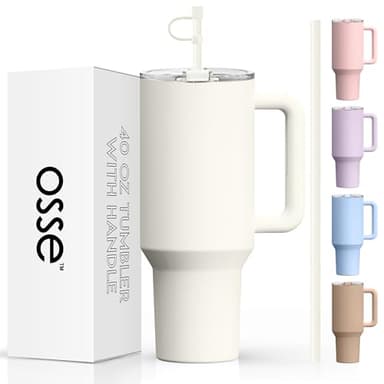 osse 40oz Tumbler with Handle and Straw Lid | Double Wall Vacuum Reusable Stainless Steel Insulated Water Bottle Travel Mug Cup | Modern Insulated Tumblers Cupholder Friendly (Cream 2) - Image 1