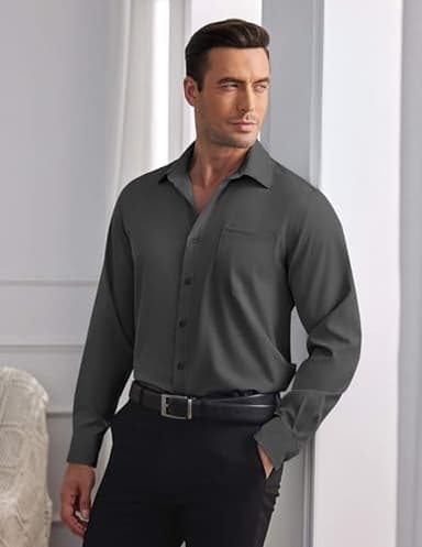 COOFANDY Long Sleeve Button Shirts for Men Wrinkle Free Oxford Shirt Business Casual Shirt Dark Grey - Image 2