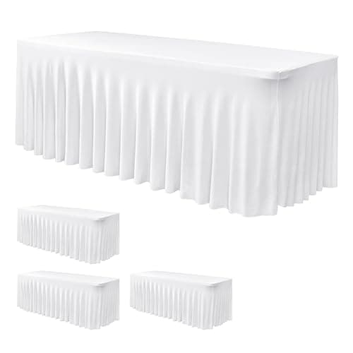 Nasitos White Table Skirt for 6 Foot Rectangle Tables, 4 Pack - 72 x 30 Inch - Stretch Spandex Fitted Table Clothes, Fabric Table Covers Cocktail Tablecloths for Party, Banquet, Birthday - Image 1