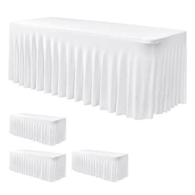 Nasitos White Table Skirt for 6 Foot Rectangle Tables, 4 Pack - 72 x 30 Inch - Stretch Spandex Fitted Table Clothes, Fabric Table Covers Cocktail Tablecloths for Party, Banquet, Birthday - Image 1