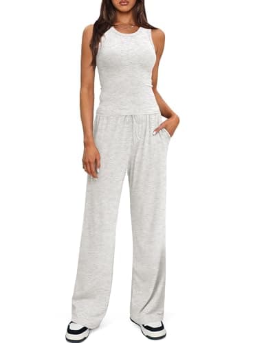 Darong Women's 2 Piece Outfits 2025 Tank Top And Long Pants Lounge Sets Tracksuit 9054A White Grey XS - Image 1