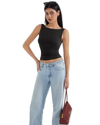 SUUKSESS Women Built in Bra Open Back Boat Neck Tank Tops Double Lined Backless Y2K Going Out Top Basic Shirt (Black,L) - Image 5