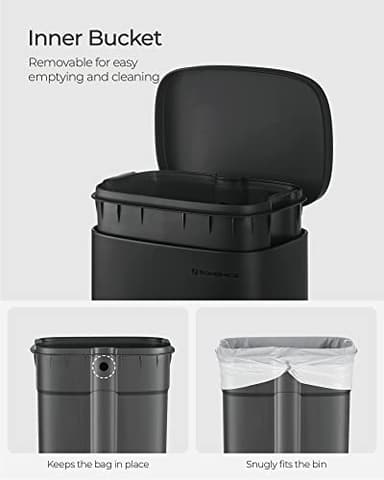 SONGMICS Trash Can with Lid, 8 Gallon Garbage Can, Stainless Steel Small Waste Bin with Step Pedal and Inner Bucket, Soft Close, Kitchen, Black ULTB102B01 - Image 5