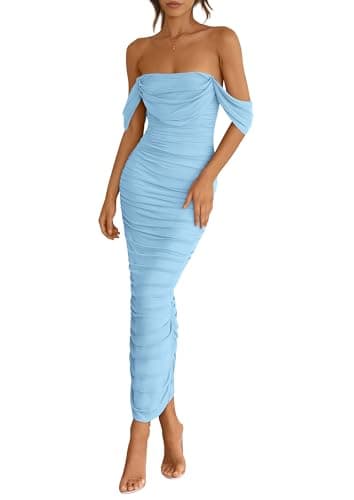 PRETTYGARDEN Womens 2025 Summer Off The Shoulder Dress Ruched Bodycon Sleeveless Split Cocktail Party Maxi Dresses (Light Blue,Medium) - Image 1