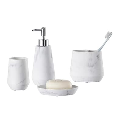 QL DESIGN 4 Piece Modern Bathroom Accessory Set with Marbled Style and Geometric Design Includes Lotion Dispenser, Toothbrush Holder, Tumbler, Soap Dish (Mordern Style Marble) - Image 3