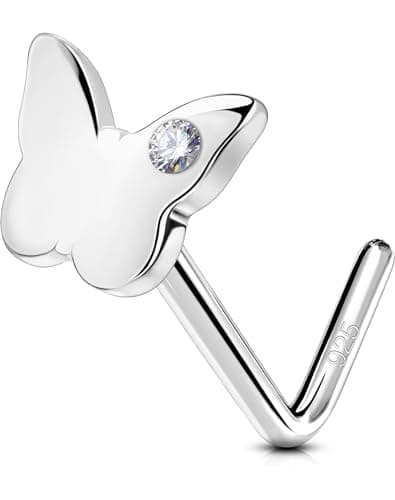 OUFER Butterfly Nose Studs, 925 Sterling Silver Nose Rings, L-Shaped Nose Piercing Jewelry, Cute Nostril Piercing, 20G Nose Rings For Women-7MM - Image 1