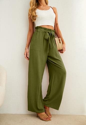 IWOLLENCE Women's Wide Leg Pants with Pockets High Waist Adjustable Knot Loose Casual Trousers Business Work Casual Pants Army Green Large - Image 3