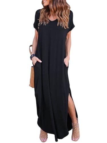 HUSKARY Womens Casual Pocket Beach Long Dress Short Sleeve Split Loose Maxi Dress, Black 01, X-Large - Image 1