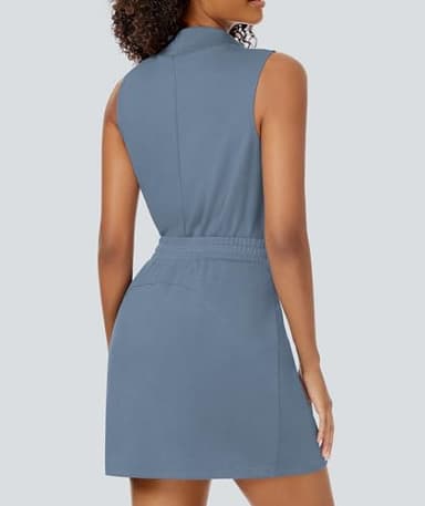 Casly Lamiit Two Piece Skort Set for Women Summer Tennis Outfits Active Wear Workout Track Suit Mock Neck Tops Short Skirt Loungewear Blue Grey L - Image 6