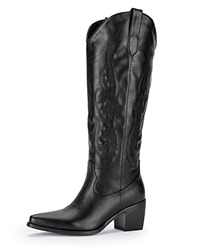 Pasuot Western Cowboy Boots for Women - Black Knee High Wide Calf Cowgirl Boots with Western Embroidered, Slip On Pointed Toe Chunky Heel Fashion Retro Classic Pull On Tall Boot for Ladies Size 6.5 - Image 1