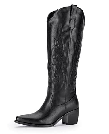 Pasuot Western Cowboy Boots for Women - Black Knee High Wide Calf Cowgirl Boots with Western Embroidered, Slip On Pointed Toe Chunky Heel Fashion Retro Classic Pull On Tall Boot for Ladies Size 6.5 - Image 1