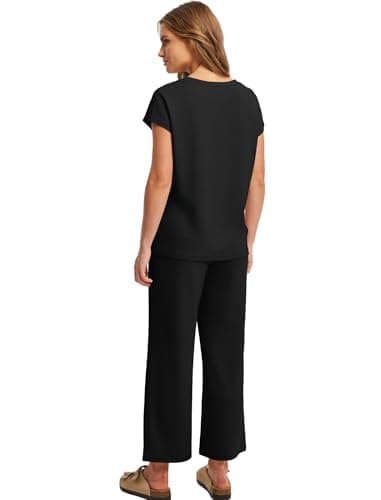 Two Piece Sets for Women Lounge Set Summer Travel School Outfits for Teachers Business Casual Matching Sets Women Clothing Beach Vacation Clothes Early Fall Fashion Wide Leg Crop Pants Black L - Image 5