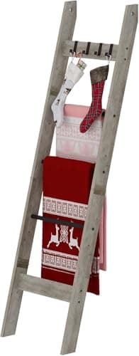 Hzuaneri Blanket Ladder for Living Room, Decorative Quilt Rack with 4 Removable Hooks, 5-Tier Farmhouse Ladder Holder Shelf Organizer for Bedroom, Greige and Black BR02105B - Image 1