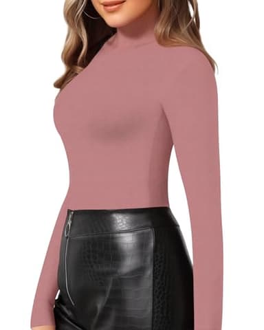 MANGOPOP Women's Mock Turtle Neck Slim Fit Long Sleeve T Shirt Tight Tops Tee Marsala - Image 2