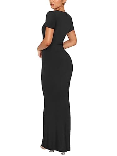 REORIA Women's Summer Sexy Casual Lounge Long Dress Elegant Wedding Guest Short Sleeve Crew Neck Bodycon Maxi Dresses Black Medium - Image 3