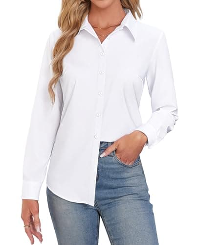 White Button Shirt Women Ladies Button Up Dress Shirts Long Sleeve Slim Collared Blouses Fitted Wrinkle Free Work Office Professional Business Casual Tops White XXL - Image 1