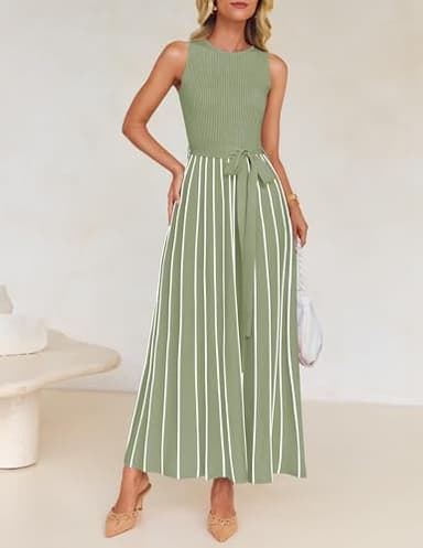 ZESICA Women's Summer Sleeveless Midi Dress 2025 Crewneck Ribbed Knit Tie Waist Casual A Line Swing Dresses,LightGreen,Medium - Image 9