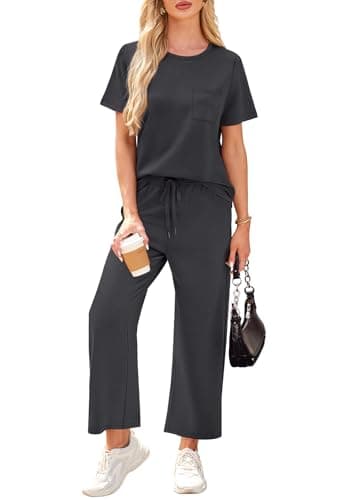 WIHOLL Workout Sets for Women 2 Piece Short Sleeve Summer Cruise Business Casual Outfits 2025 Going Out Two Piece Sets Women's Clothing Short Sleeve Crew Neck Tracksuits Dark Grey M - Image 3