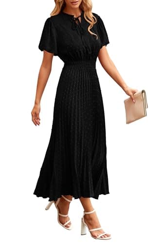 PRETTYGARDEN Womens Summer Midi Dresses Puff Short Sleeve V Neck Swiss Dot Pleated A Line Flowy Long Wedding Guest Dress (Black,Large) - Image 1