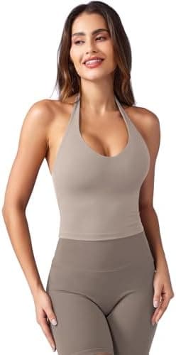 YEOREO Women's Halter Crop Top V Neck Workout Going Out Tank Top Hazel Padded Sleeveless Backless Trendy Summer Camisole - Image 6