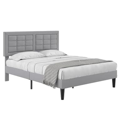 VECELO Full Size Bed Frame with Adjustable Headboard, Upholstered Button Tufted Platform Bedframe with Wood Slats Support, No Box Spring Needed, Light Grey - Image 8