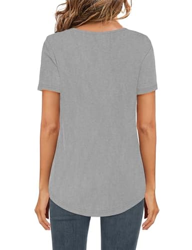 Elesomo Women Tops Casual Short Sleeve V Neck Curved Hem Cotton Tee Shirts, Grey XL - Image 4