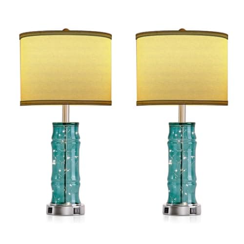 uboory Table Lamps Set of 2 - Bedside Lamp with Fabric Shades - for Bedroom and Living Room with USB and Nightlight - Perfect for Nightstands and Bedrooms (26"" high) Bulb Included, Blue, BL2024001 - Image 1