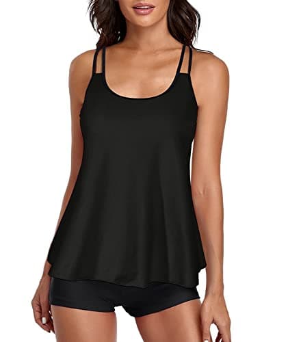 Urchics Womens 2025 Tankini Swimsuits Tummy Control Flowy Swimwear Two Piece Bathing Suits Swim Tank Top with Boyshorts Black L - Image 1