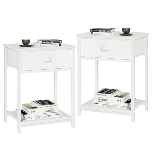 Furologee White Nightstands Set of 2, End Table with Fabric Drawer, Small Side Table for Small Spaces, 2 Tiers Storage Shelves End Table, Bedside Table for Living Room, Bedroom, Dorm - Image 1