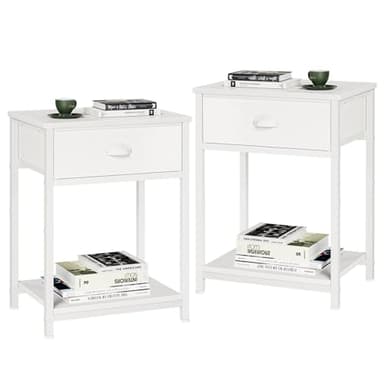 Furologee White Nightstands Set of 2, End Table with Fabric Drawer, Small Side Table for Small Spaces, 2 Tiers Storage Shelves End Table, Bedside Table for Living Room, Bedroom, Dorm - Image 1