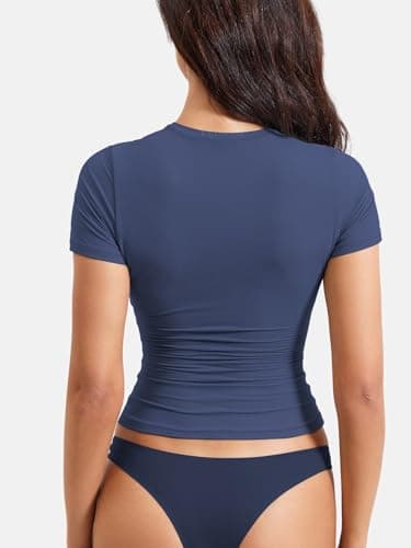 YEOREO Women Fitted Workout Tops Short Sleeve Double Lined Basic Y2K Going Out Crew Neck Compression Crop Top Dark Blue M - Image 3